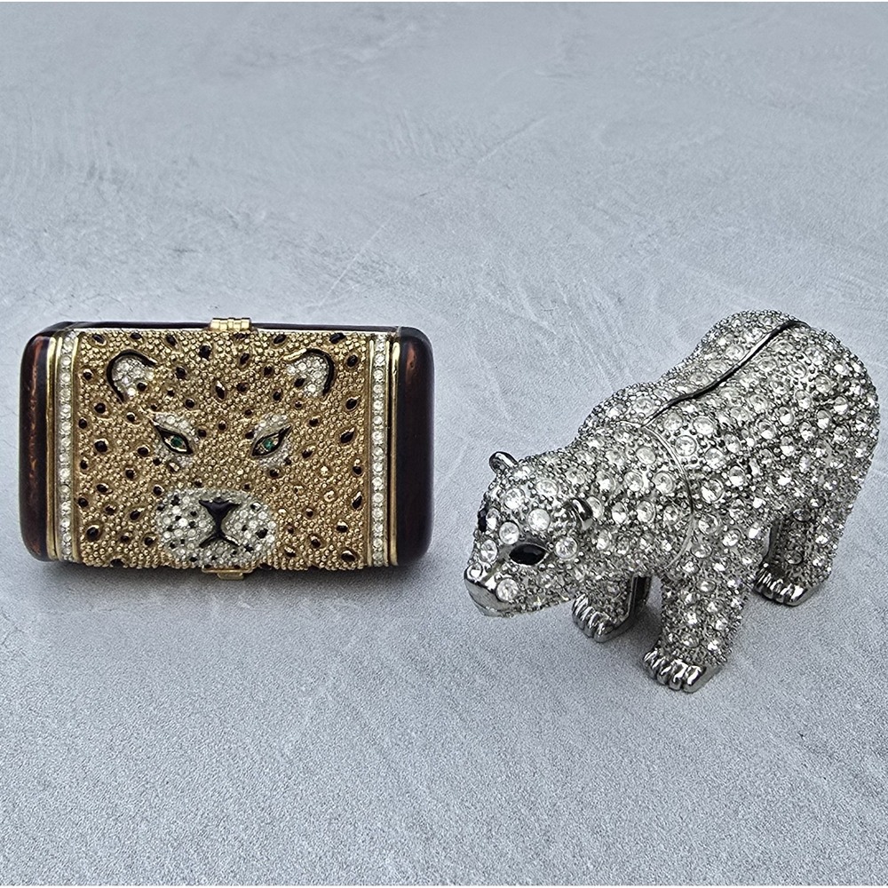 Jeweled Trinket Box Set Polar Bear Leopard Crystal Enamel Animal Pill Box Set